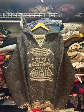 Vintage Native Aztec Southwest Mask Pattern Hand Knit Sweater Men’s XL